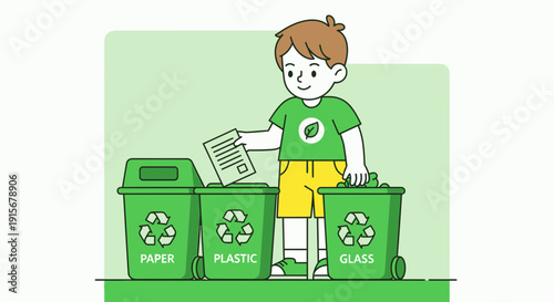 Child Sorts Recyclables Into Labeled Bins Promoting Environmental Awareness And Sustainability