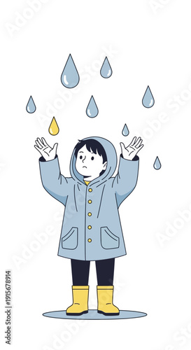 Child Standing Under Falling Raindrops Wearing A Hooded Jacket And Yellow Boots Outdoors