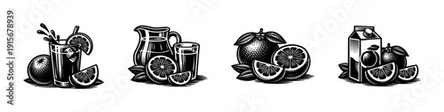 Citrus juice flat vector icons set: black and white beverage illustrations collection