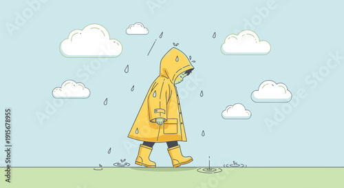 Child Walking In Yellow Raincoat Through Rain Puddles And Clouds