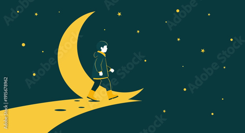 Child Walking On Moonlit Path Among Stars In A Dreamy Night Sky