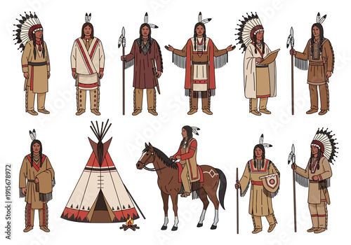 Illustrative depiction of various native american people dwellings and a horse high quality professional detailed modern