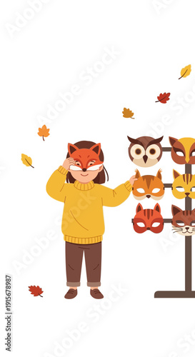 Child Wearing A Fox Mask Stands Next To A Display Of Animal Masks
