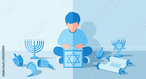 Child With Hanukkah Symbols Preparing For Festival Celebration