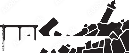 Damaged bridge and collapsed road after natural disaster or earthquake silhouette