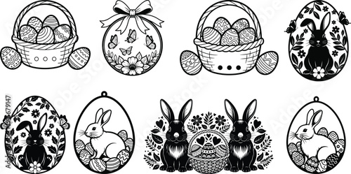 Easter eggs and bunnies in silhouette and decorated baskets silhouette