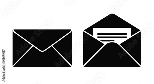 Two black envelope icons one closed one open with a letter
