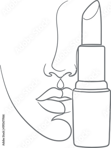 Minimalist continuous line art drawing featuring a partial outline of a woman's face positioned closely beside an open tube of vibrant lipstick symbolizing beauty and cosmetic application.
