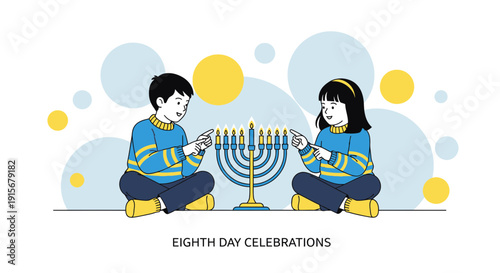 Children Celebrating Hanukkah Lighting Menorah Candles Together Joyfully