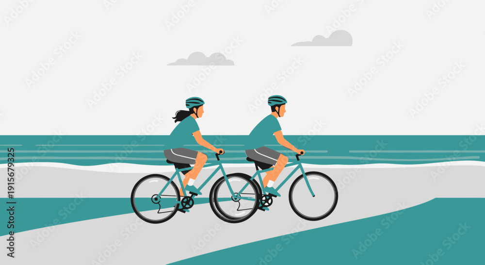 Fototapeta premium Coastal Cycling Adventure Couple Enjoying Beachfront Bike Ride
