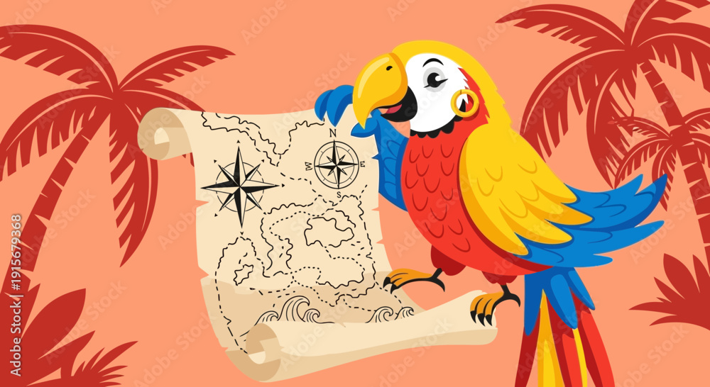 Naklejka premium Colorful Parrot With Treasure Map Amongst Palm Trees