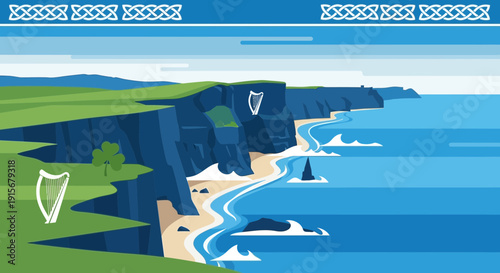 Coastal Scene Illustrating Cliffs, Sea, and Traditional Irish Symbols With Serene Aesthetic