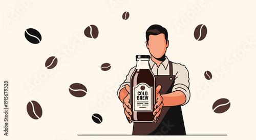 Cold Brew Coffee Illustration: Barista Presenting Bottled Beverage With Coffee Beans