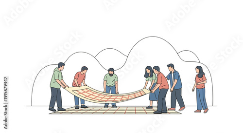 Collaborative Effort Unfolding A Textured Mat With Joyful Participation From A Group