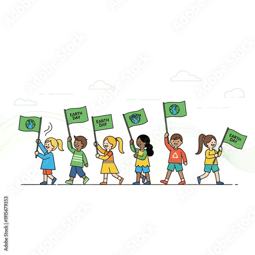 Children Marching For Earth Day Celebrations And Environmental Awareness