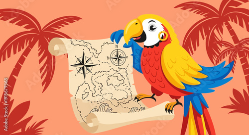 Colorful Parrot With Treasure Map Amongst Palm Trees