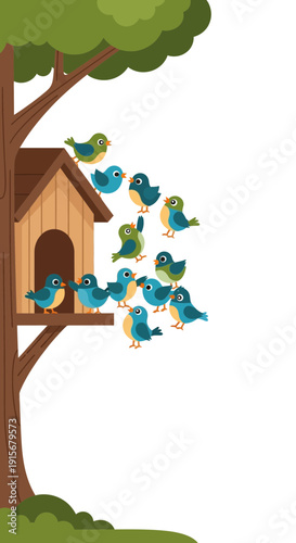 Chirpy Avian Friends Gather Around Their Wooden Nesting Box Home