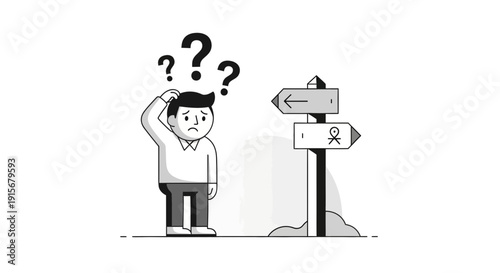 Confused Person Pondering Difficult Choices at Crossroads Signpost