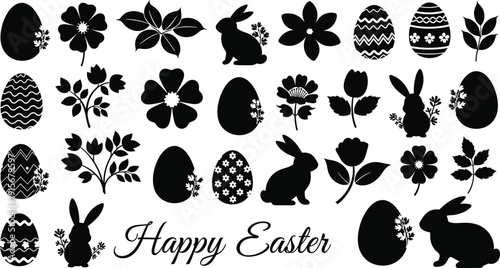 Easter celebration silhouette with bunnies eggs and flowers happy easter greeting card design