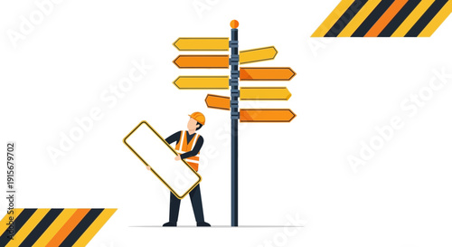Construction Worker Adjusting Directional Signpost For Future Path Choices