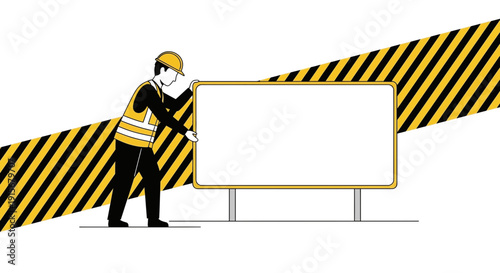 Construction Worker Adjusts Blank Billboard Sign On Site