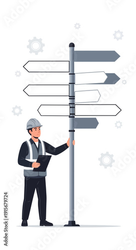 Construction Worker Inspecting Multiple Directional Signposts for Project Planning