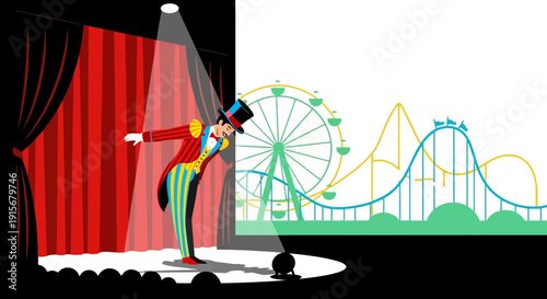 Circus Ringmaster Bows Ushering In Thrilling Amusement Park Rides
