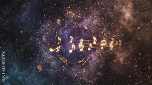 Vibrant music notes swirling in cosmic space, creating harmony, melody, and rhythm with celestial connection and sonic brilliance together.
