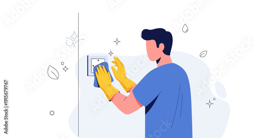 Cleanliness and Hygiene: Young Man in Gloves Wiping a Wall Outlet