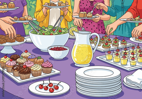 A brightly colored illustration depicts a table laden with desserts and food at a party