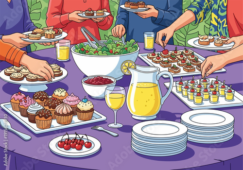 A vibrant illustration depicts a group enjoying a colorful spread of desserts and refreshments high quality