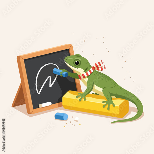 Clever Lizard Practices Artful Drawings On A Small Chalkboard With Scarf