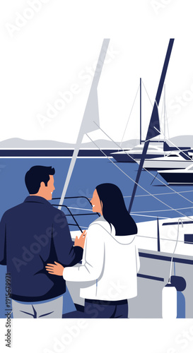 Couple Admiring the Scenic Sailing View on a Luxurious Yacht in the Serene Blue Waters