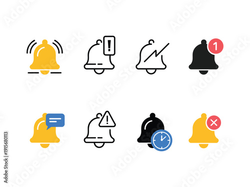 Notification Bells Icon Set – Ringing Bell Symbols for New Message Alerts, Alarm Clock and Mobile Phone App Notice Vector Collection