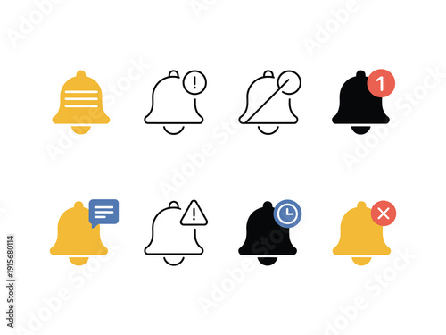 Notification Bells Icon Set – Ringing Bell Symbols for New Message Alerts, Alarm Clock and Mobile Phone App Notice Vector Collection