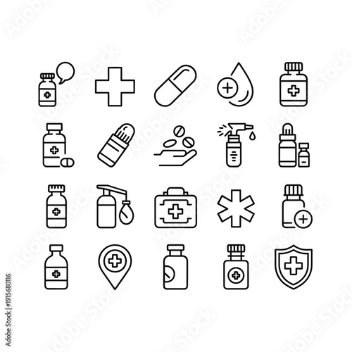 Collection of medical icons depicting healthcare medicine and pharmaceutical symbols