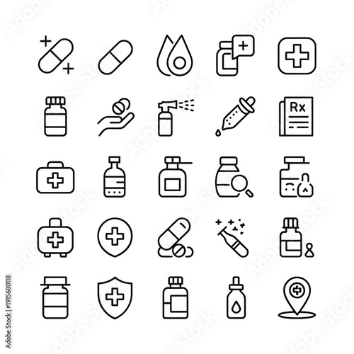 Collection of medical icons depicting healthcare medicine and pharmaceuticals