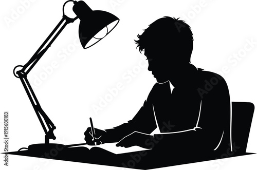 Silhouette of a focused student or artist working late under a desk lamp, creative study, drawing, writing, or design concept.