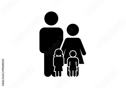 Simple black silhouette illustration depicting a family of four including parents and two children high quality