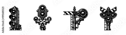 Railway signal icons set. flat vector icons set of traffic and industrial signs