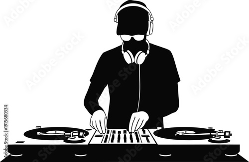 DJ with headphones and turntables, mixing music at a party or club, vibrant nightlife, electronic music, creative entertainment, silhouette vector.