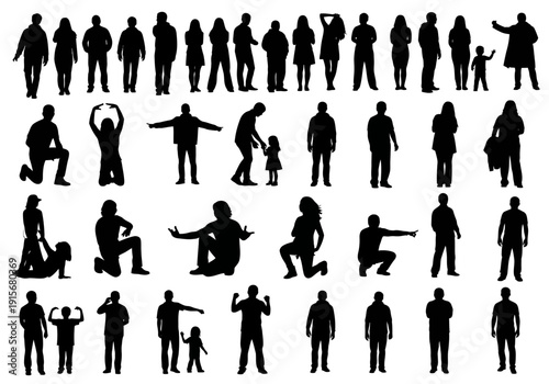 Collection of black silhouettes depicting diverse human poses and interactions in everyday life high quality professional