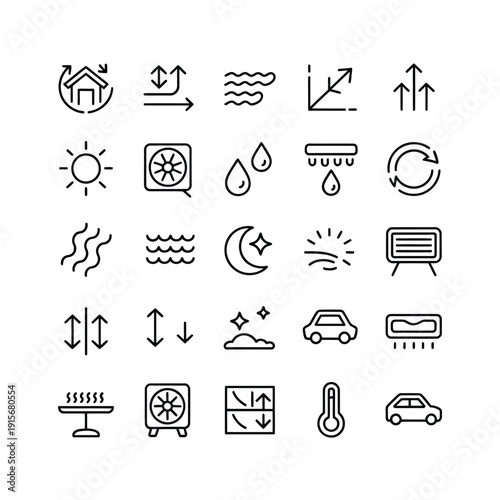 Collection of diverse weather and environmental condition icons in black lines