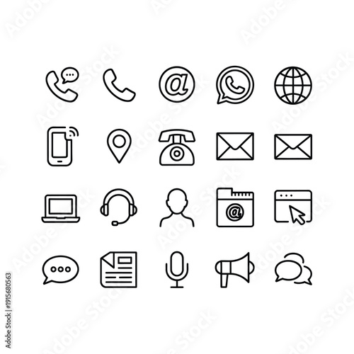 Collection of communication and contact icons in simple line art style
