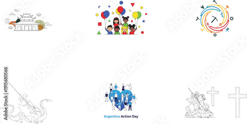 Various holiday and celebration symbols with people and landmarks holidays celebrations