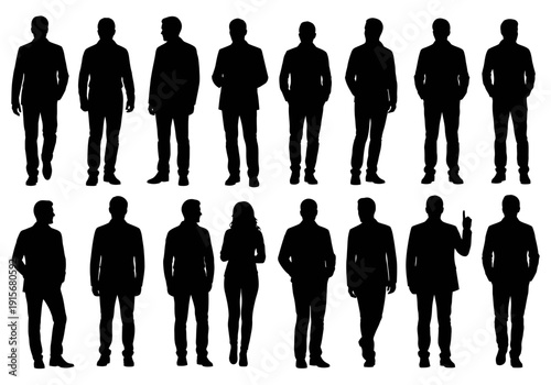 A collection of silhouetted figures mainly men in suits displayed in a grid arrangement high quality