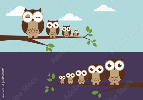 A family of cartoon owls perched on branches against a blue and purple background high quality