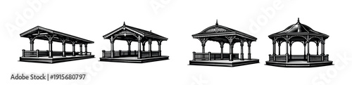 Gazebo structures flat vector icons set - pavilion, pergola, architectural design elements