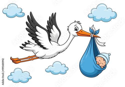 A cartoon stork carrying a blue bundle with a baby surrounded by fluffy clouds high quality