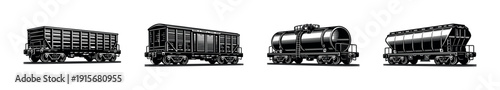 Train cargo flat vector icons set with freight, tanker, and carriage designs